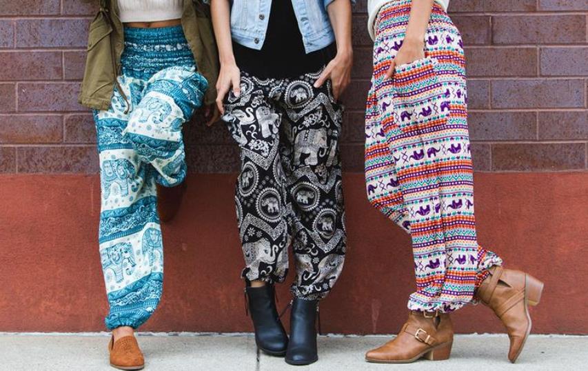 3 ladies wearing 3 different kinds of harem pants